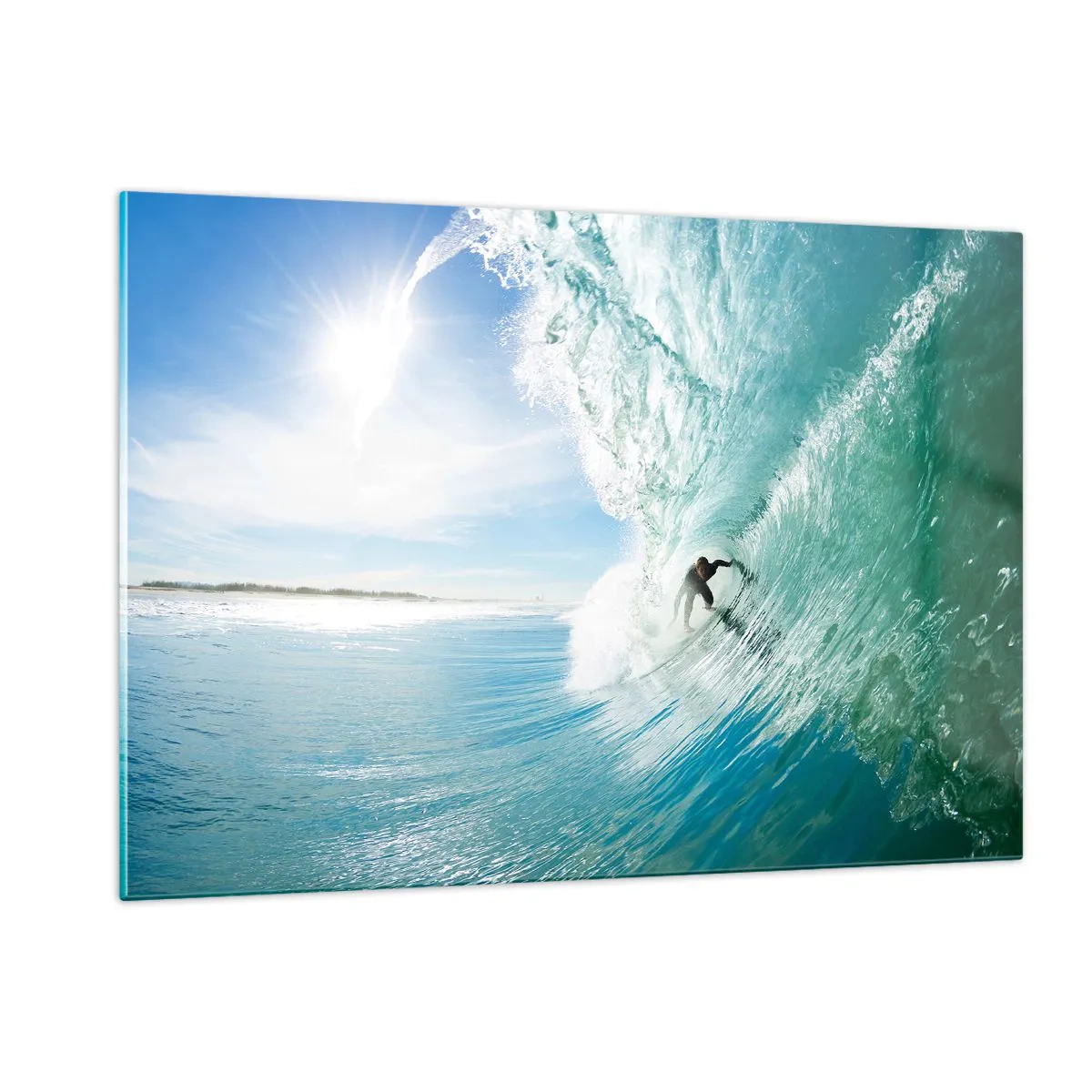 Glasbild - Bild auf glas - Ein Surfer reitet auf einer Welle vor blauem Himmel - 120x80cm - Immer Top - Moderne Wanddekoration für Wohnzimmer und Schlafzimmer ARTTOR