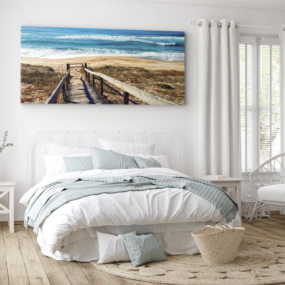 Bild auf Leinwand - Leinwandbild - Holzweg zum Strand - 140x50cm - Lauf! - Moderne Wanddekoration für Wohnzimmer und Schlafzimmer ARTTOR