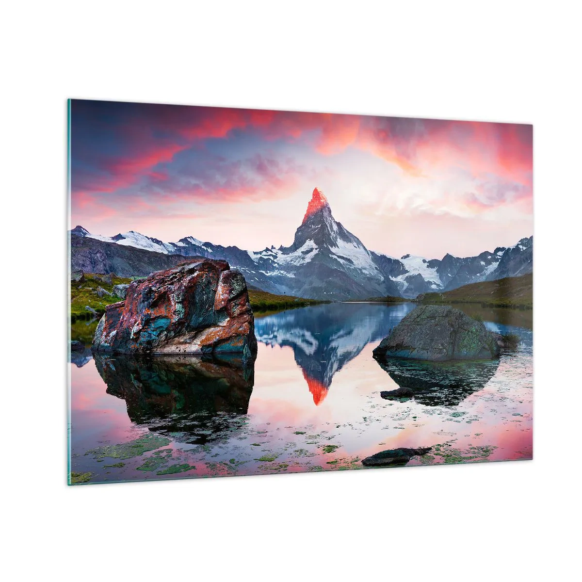 Glasbild - Bild auf glas - Ein Berggipfel spiegelt sich bei Sonnenuntergang in der ruhigen Oberfläche eines Sees - 100x70cm - Das Herz der Berge ist heiß - Moderne Wanddekoration für Wohnzimmer und Schlafzimmer ARTTOR