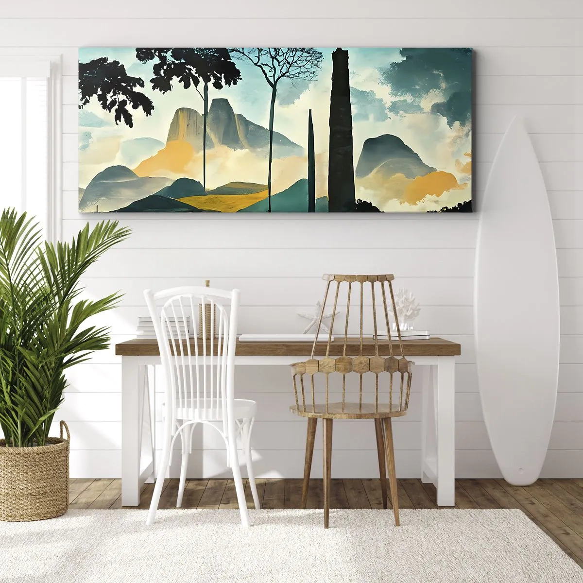 Bild auf Leinwand - Leinwandbild - Eine malerische Landschaft mit Bäumen und Bergen im Hintergrund - 120x50cm - Immer höher und höher - Moderne Wanddekoration für Wohnzimmer und Schlafzimmer ARTTOR