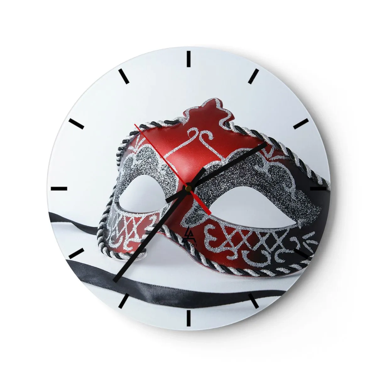Wanduhr - Glasuhr - Karnevalsmaske in Rot- und Schwarztönen - 30x30cm - Einladung zum Abschlussball - Moderne Wanddekoration für Wohnzimmer, Küche und Schlafzimmer ARTTOR