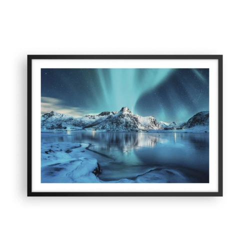 Poster in einem schwarzem Rahmen - Aurora Borealis über schneebedeckten Bergen und einem See - 70x50cm - Lichtnacht - Moderne Wanddekoration für Wohnzimmer und Schlafzimmer ARTTOR