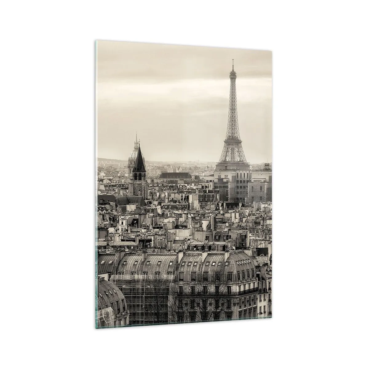 Glasbild - Bild auf glas - Panorama von Paris mit dem Eiffelturm in Sepiatönen - 70x100cm - Über den Dächern von Paris - Moderne Wanddekoration für Wohnzimmer und Schlafzimmer ARTTOR