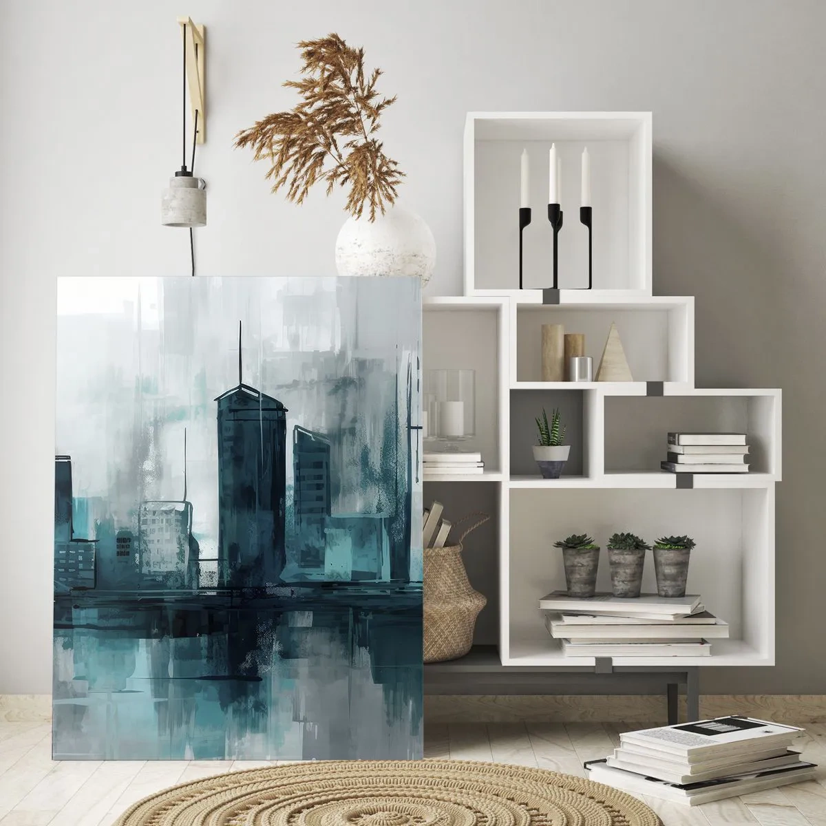 Glasbild - Bild auf glas - Eine moderne Stadt in Blau- und Grautönen - 50x70cm - Eine Stadt in der Farbe des Regens - Moderne Wanddekoration für Wohnzimmer und Schlafzimmer ARTTOR