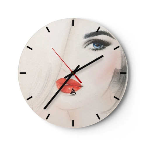 Wanduhr - Glasuhr - Künstlerisches Porträt einer Frau mit roten Lippen und blauen Augen - 30x30cm - Es hypnotisiert und berauscht - Moderne Wanddekoration für Wohnzimmer, Küche und Schlafzimmer ARTTOR