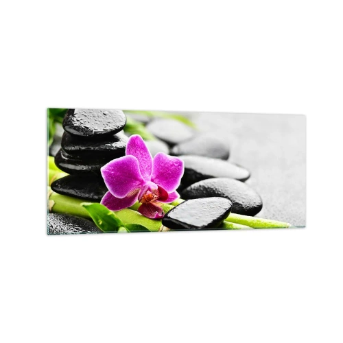 Glasbild - Bild auf glas - Lila Orchidee, schwarze Steine und Bambus in einer ruhigen Komposition - 120x50cm - In ruhiger Balance - Moderne Wanddekoration für Wohnzimmer und Schlafzimmer ARTTOR