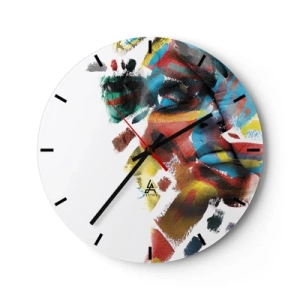 Wanduhr - Glasuhr - Bunte Abstraktion eines Gesichts mit intensiven Pinselstrichen - 30x30cm - Eine bunte Persönlichkeit - Moderne Wanddekoration für Wohnzimmer, Küche und Schlafzimmer ARTTOR
