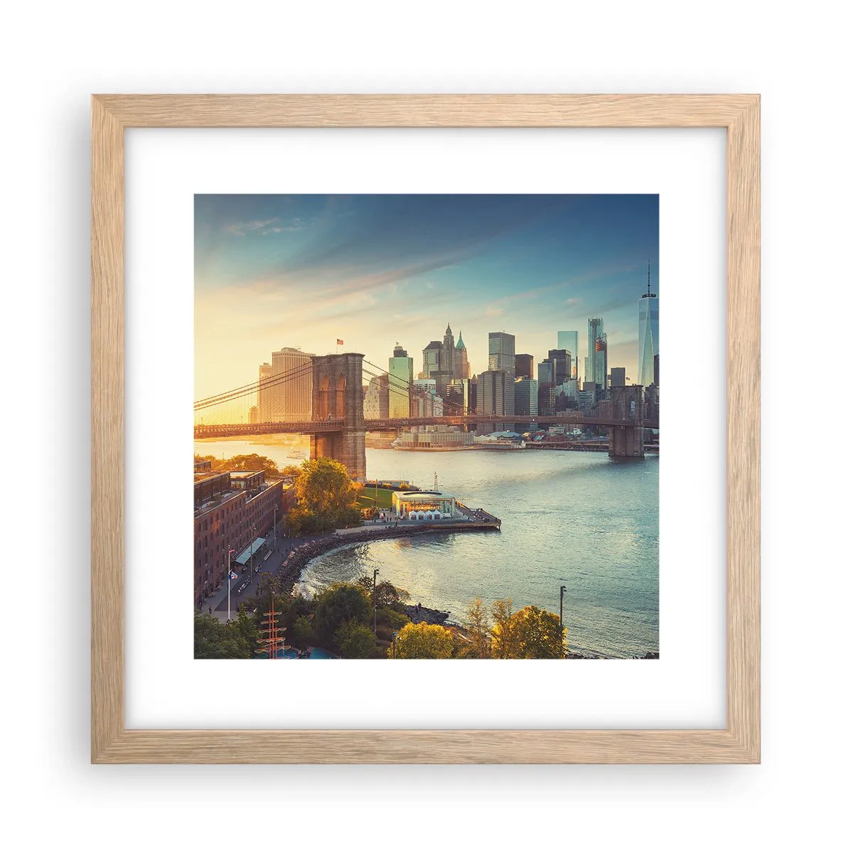 Poster in einem Rahmen aus heller Eiche - Morgendämmerung der Großstadt - 30x30 cm