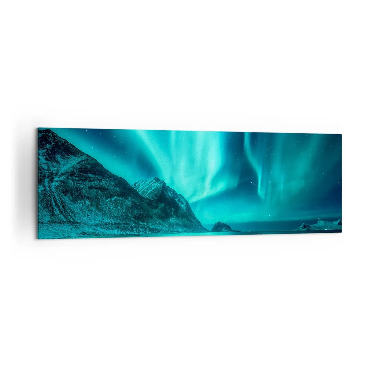 Bild auf Leinwand - Leinwandbild - Aurora Borealis über einer bergigen Winterlandschaft - 160x50cm - Wunder des Nordens - Moderne Wanddekoration für Wohnzimmer und Schlafzimmer ARTTOR