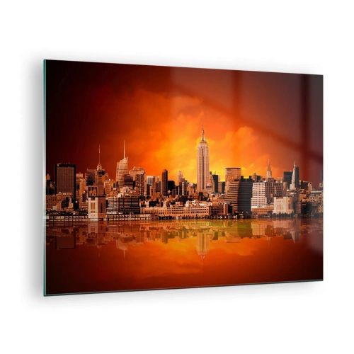 Glasbild - Bild auf glas - Panorama der Stadt bei Sonnenuntergang - 70x50cm - Das Großstadtpanorama in Gelb und Bronze - Moderne Wanddekoration für Wohnzimmer und Schlafzimmer ARTTOR