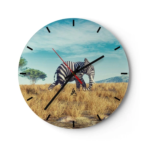 Wanduhr - Glasuhr - Ein Elefant mit schwarz-weißen Zebrastreifen in der Savanne - 30x30cm - Grau ist nicht mehr in Mode - Moderne Wanddekoration für Wohnzimmer, Küche und Schlafzimmer ARTTOR