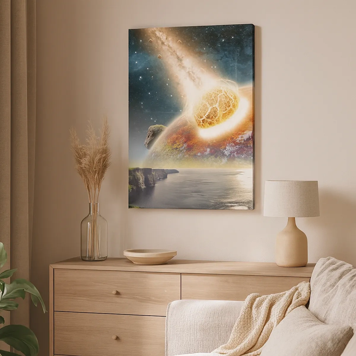 Bild auf Leinwand - Leinwandbild - Ein Meteorit kollidiert mit einem Planeten in einer kosmischen Landschaft. - 50x70cm - Kosmisches Drama - Moderne Wanddekoration für Wohnzimmer und Schlafzimmer ARTTOR