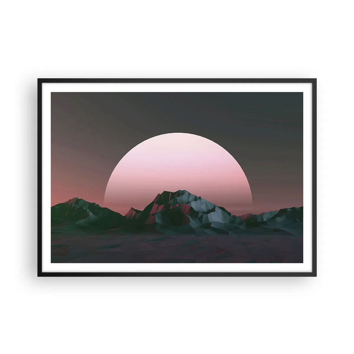 Poster in einem schwarzem Rahmen - Geometrische Berge mit der untergehenden Sonne im Hintergrund - 100x70cm - In einer Nachbargalaxie - Moderne Wanddekoration für Wohnzimmer und Schlafzimmer ARTTOR