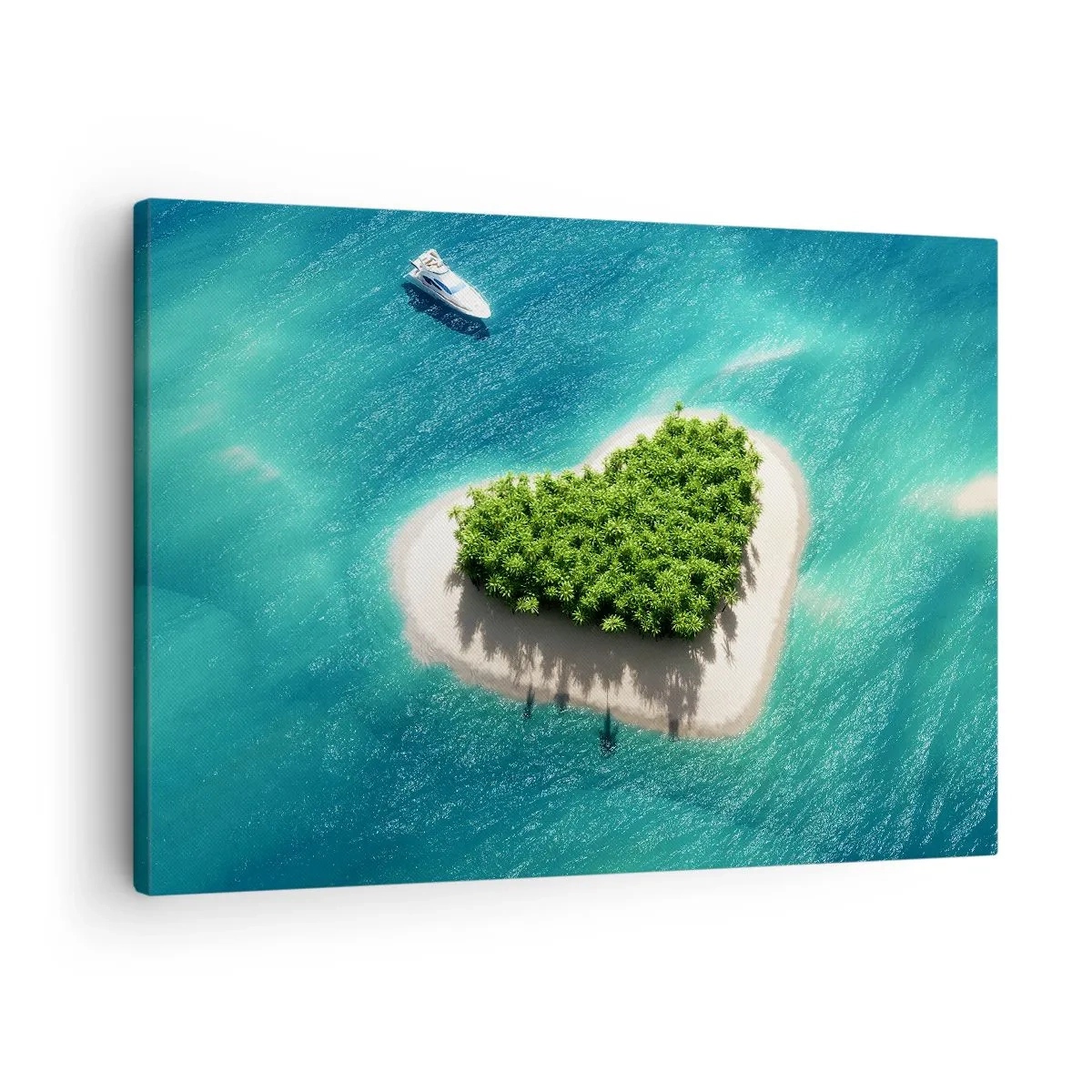 Bild auf Leinwand - Leinwandbild - Eine romantische herzförmige Insel in einem türkisfarbenen Meer - 70x50cm - ich liebe Sommer - Moderne Wanddekoration für Wohnzimmer und Schlafzimmer ARTTOR