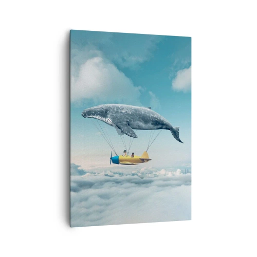 Bild auf Leinwand - Leinwandbild - Ein fliegender Wal trägt ein Flugzeug in einer surrealen Umgebung. - 70x100cm - Warum nicht? - Moderne Wanddekoration für Wohnzimmer und Schlafzimmer ARTTOR