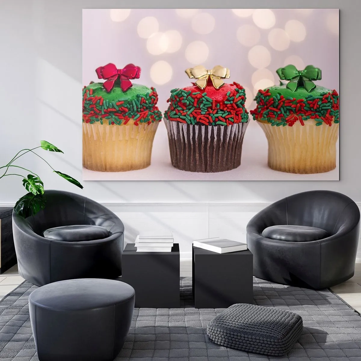 Glasbild - Bild auf glas - Weihnachts-Cupcakes mit Schleifendekoration - 100x70cm - Süßigkeiten bis zu der Schleife - Moderne Wanddekoration für Wohnzimmer und Schlafzimmer ARTTOR