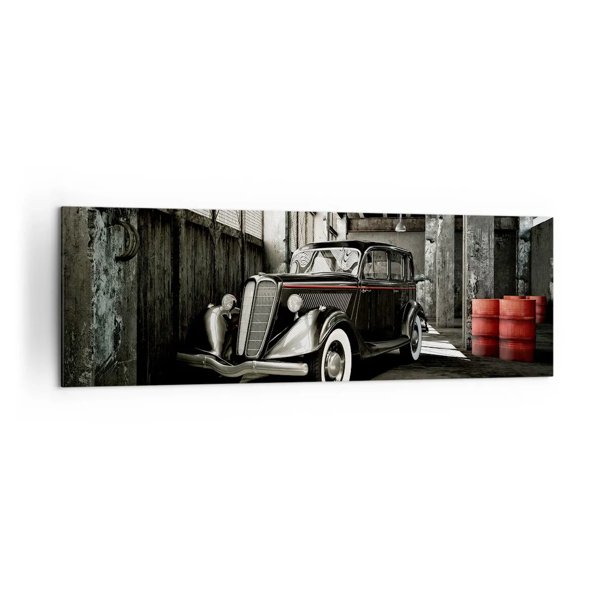 Bild auf Leinwand - Leinwandbild - Stilvolles Retro-Auto in einem Rohlager - 160x50cm - Die ewige Eleganz der 1930er Jahre - Moderne Wanddekoration für Wohnzimmer und Schlafzimmer ARTTOR