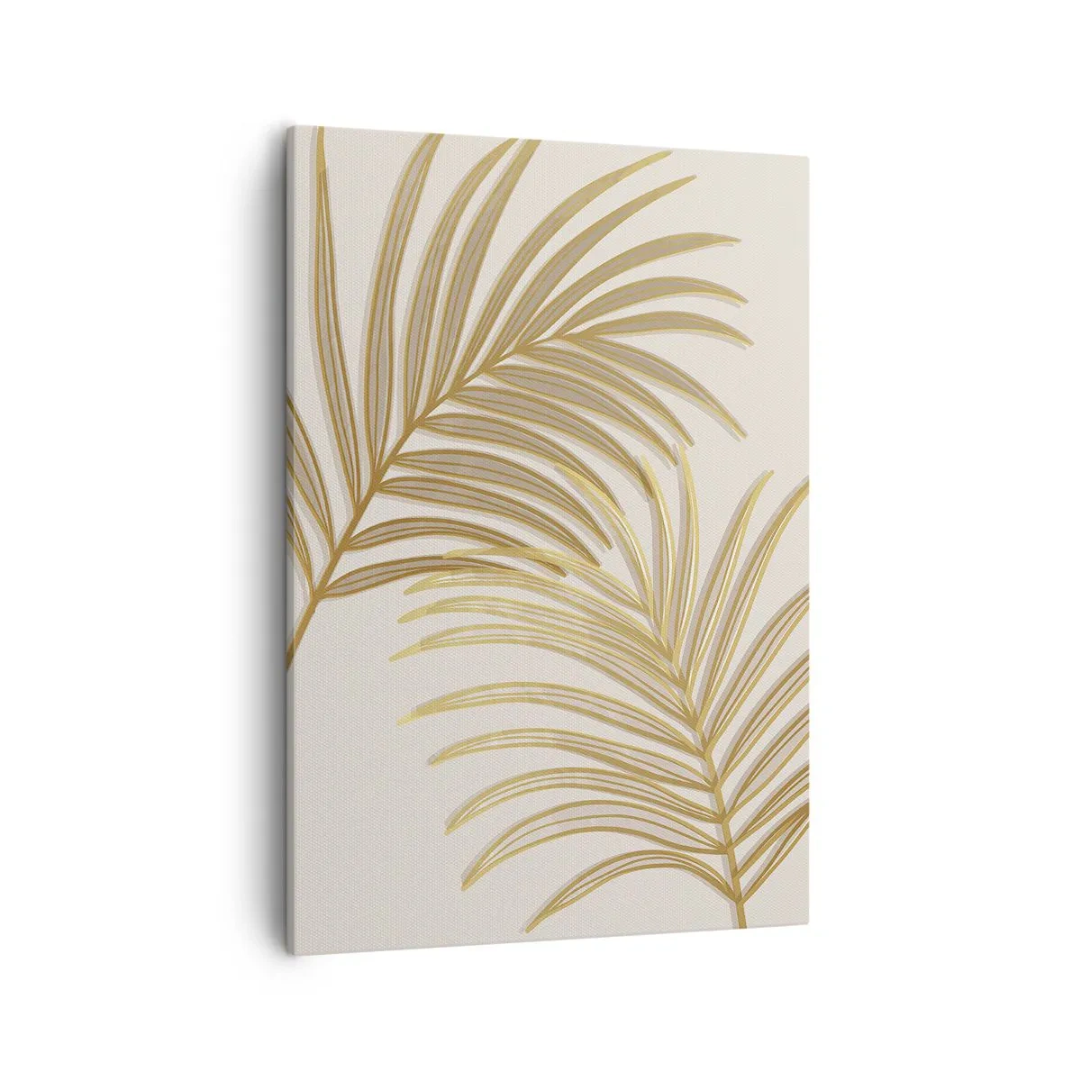 Bild auf Leinwand - Leinwandbild - Goldene Palmblätter auf hellem Hintergrund im minimalistischen Stil - 50x70cm - Goldene Palme! - Moderne Wanddekoration für Wohnzimmer und Schlafzimmer ARTTOR