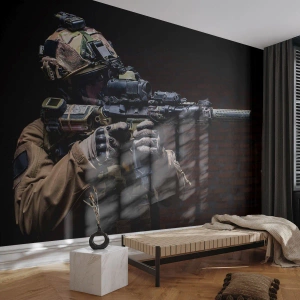 Fototapete Premium Sand - Taktischer Soldat mit einer Waffe im Dunkeln - 100x70cm - Tödlich wirksam - Moderne Wanddekoration für Wohnzimmer und Schlafzimmer ARTTOR