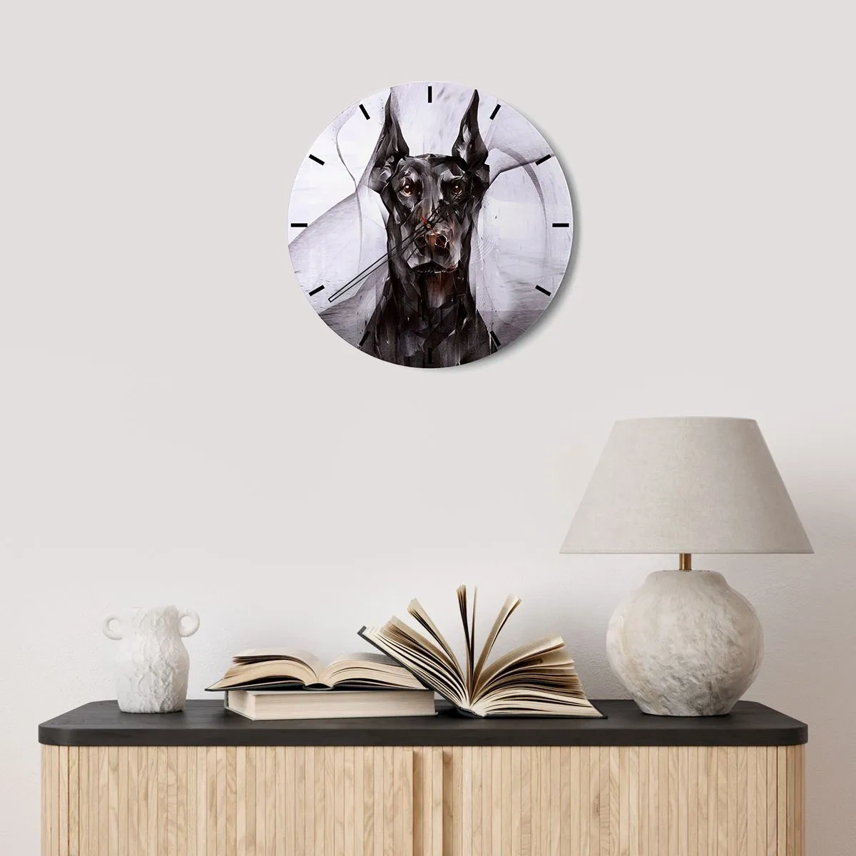 Wanduhr - Glasuhr - Porträt eines Dobermanns im modernen geometrischen Stil - 30x30cm - Edelgeboren - Moderne Wanddekoration für Wohnzimmer, Küche und Schlafzimmer ARTTOR
