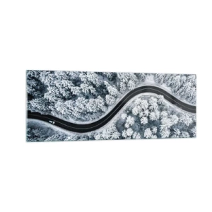 Glasbild - Bild auf glas - Eine Vogelperspektive auf eine kurvenreiche Straße in einem Winterwald - 140x50cm - Durch den Winterwald - Moderne Wanddekoration für Wohnzimmer und Schlafzimmer ARTTOR