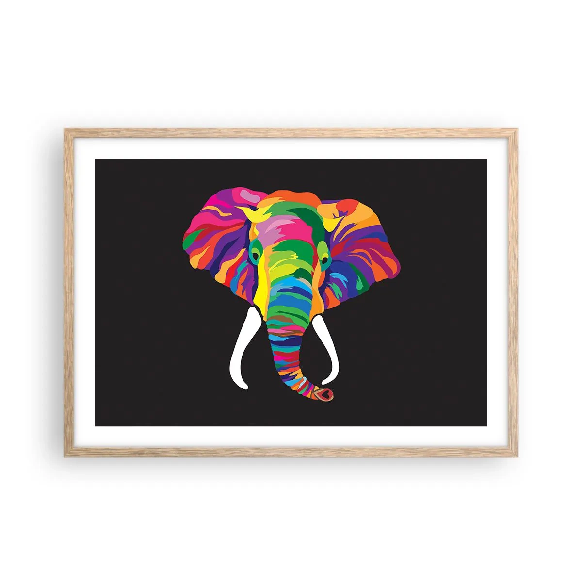 Poster in einem Rahmen aus heller Eiche - Der Elefant, der es liebte, im Regenbogen zu baden - 70x50 cm