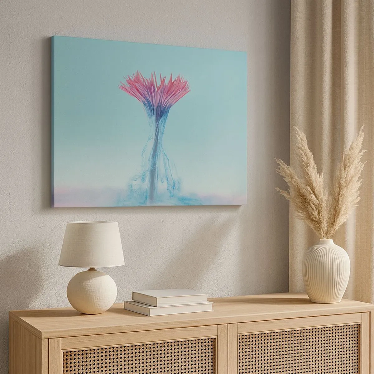 Bild auf Leinwand - Leinwandbild - Eine rosa und blaue Blume in einem künstlerischen Arrangement vor einem pastellfarbenen Hintergrund - 70x50cm - In einer belebenden Umarmung - Moderne Wanddekoration für Wohnzimmer und Schlafzimmer ARTTOR