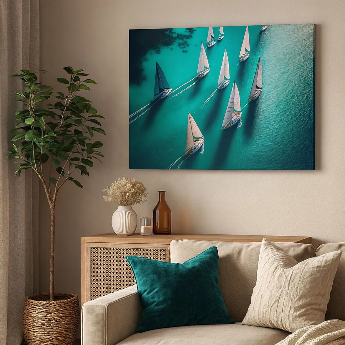 Bild auf Leinwand - Leinwandbild - Yachten auf türkisfarbenem Wasser in dynamischer Bewegung - 70x50cm - Im Wettbewerb mit dem Wind - Moderne Wanddekoration für Wohnzimmer und Schlafzimmer ARTTOR