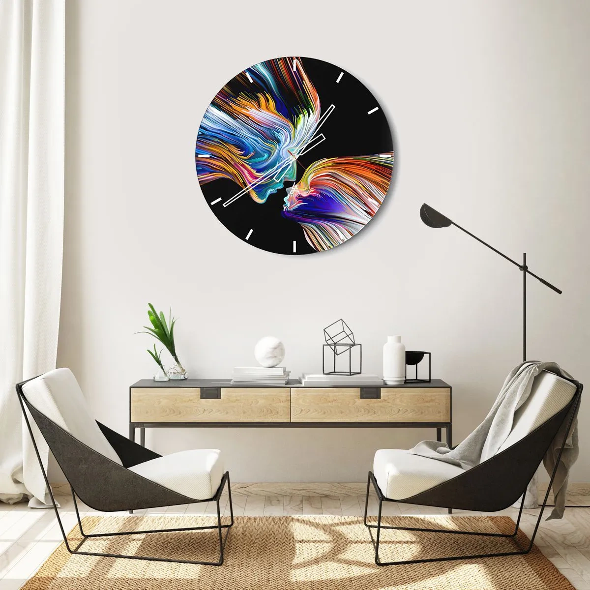 Wanduhr - Glasuhr - Zwei Gesichter mit bunten, wirbelnden Linien auf schwarzem Hintergrund. - 30x30cm - Eine Verschmelzung von Energie und Licht - Moderne Wanddekoration für Wohnzimmer, Küche und Schlafzimmer ARTTOR