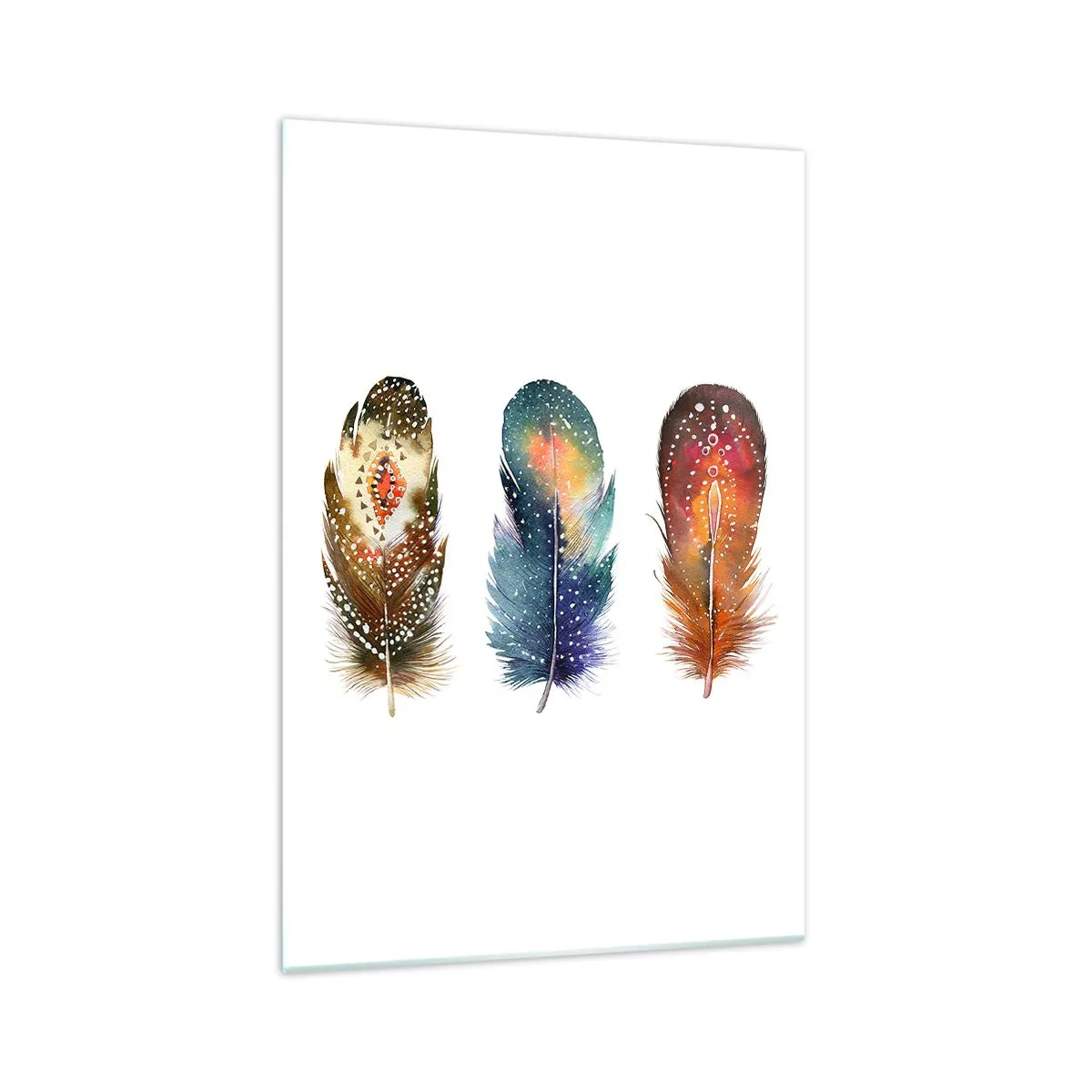Glasbild - Bild auf glas - Drei bunte Federn mit kunstvollen Mustern auf hellem Hintergrund - 70x100cm - Rituale, Zeremonien, Geheimnisse - Moderne Wanddekoration für Wohnzimmer und Schlafzimmer ARTTOR