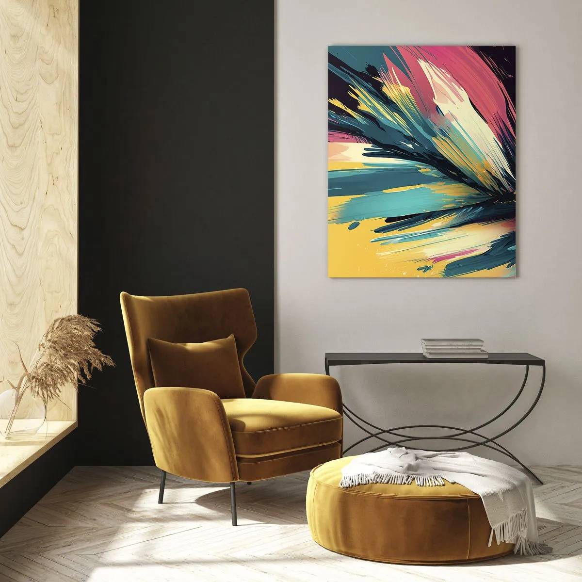 Glasbild - Bild auf glas - Eine abstrakte Komposition in intensiven und kontrastreichen Farben. - 70x100cm - Komposition – eine Explosion der Freude - Moderne Wanddekoration für Wohnzimmer und Schlafzimmer ARTTOR