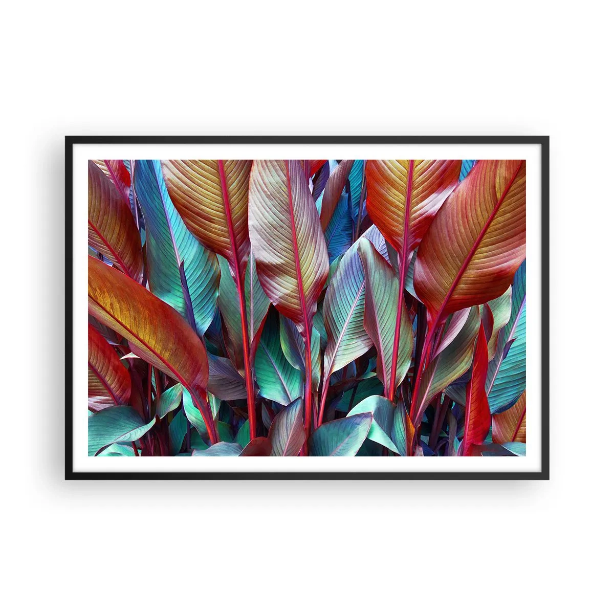 Poster in einem schwarzem Rahmen - Bunte Blätter tropischer Pflanzen im Dickicht - 100x70cm - Buntes Dickicht - Moderne Wanddekoration für Wohnzimmer und Schlafzimmer ARTTOR