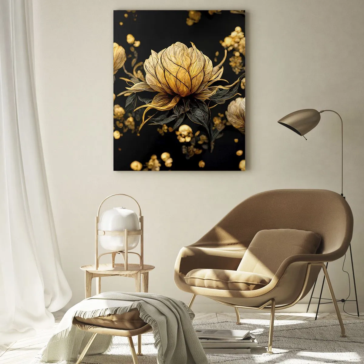 Glasbild - Bild auf glas - Goldene Blume auf dunklem Hintergrund - 80x120cm - Subtile Zerbrechlichkeit - Moderne Wanddekoration für Wohnzimmer und Schlafzimmer ARTTOR