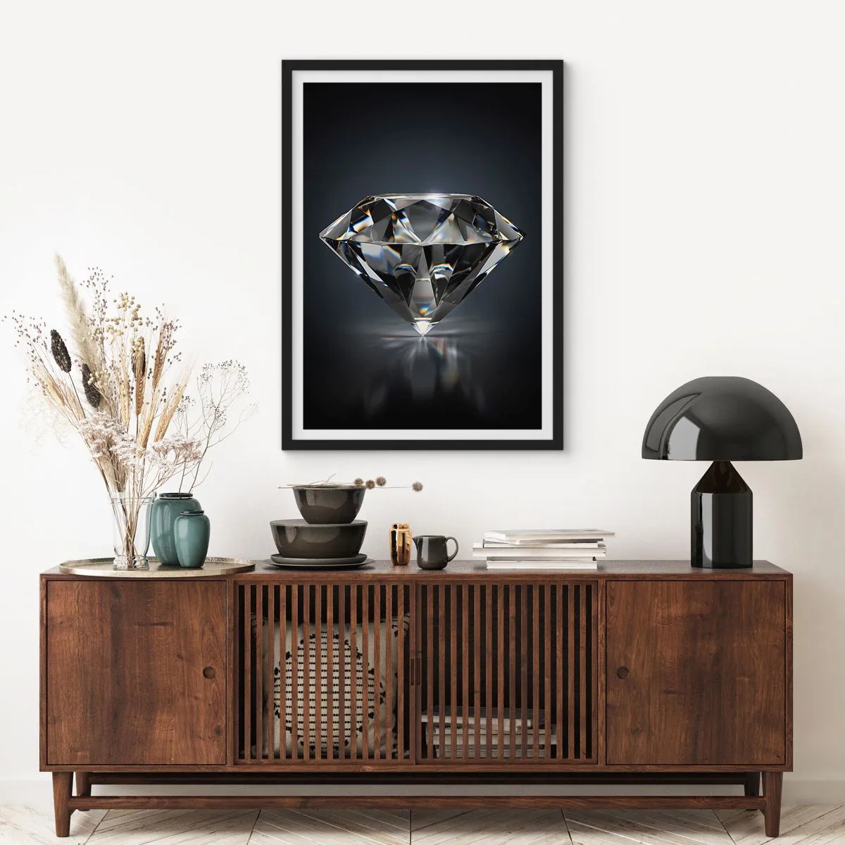 Poster in einem schwarzem Rahmen - Ein glänzender Diamant auf dunklem Hintergrund, der Licht reflektiert - 50x70cm - Beste Freundin - Moderne Wanddekoration für Wohnzimmer und Schlafzimmer ARTTOR