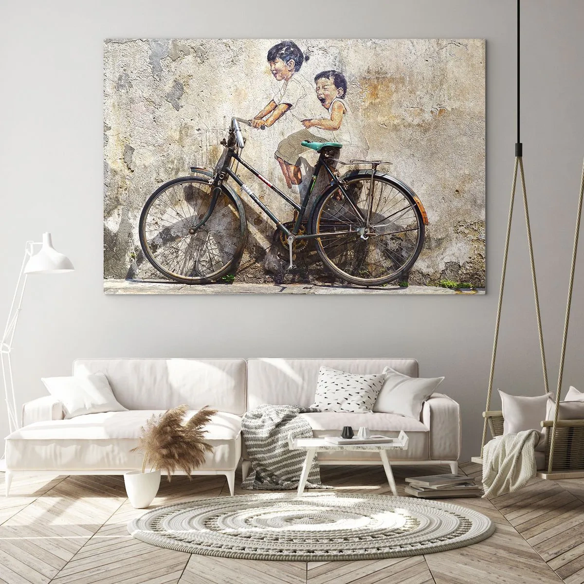 Glasbild - Bild auf glas - Ein Wandbild mit einem Fahrrad und Kinderfiguren vor einem Wandhintergrund. - 70x50cm - Richtig oder falsch? - Moderne Wanddekoration für Wohnzimmer und Schlafzimmer ARTTOR