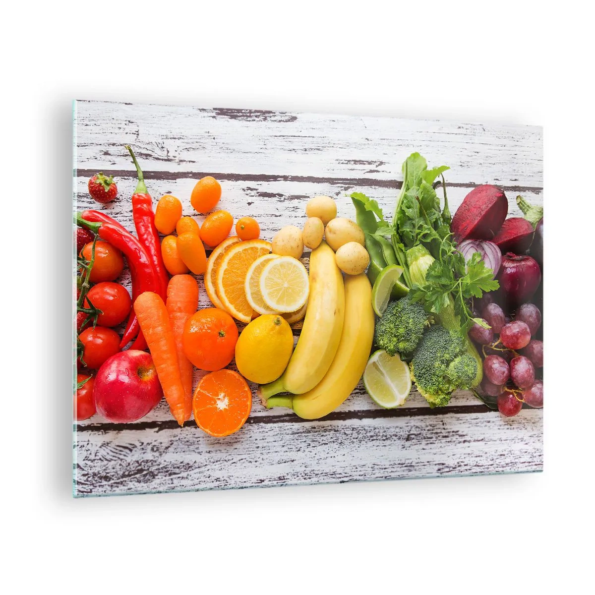 Glasbild - Bild auf glas - Buntes Obst und Gemüse auf einem Holztisch angeordnet - 70x50cm - Es ist nicht genug? - Moderne Wanddekoration für Wohnzimmer und Schlafzimmer ARTTOR