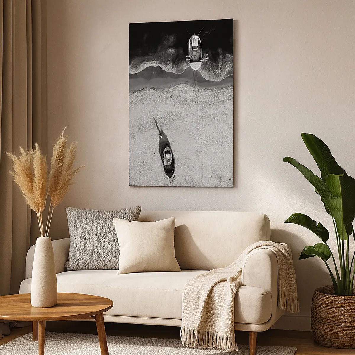 Bild auf Leinwand - Leinwandbild - Schwarz-Weiß-Luftaufnahme von Booten am Strand - 50x70cm - Immer noch am Ufer… - Moderne Wanddekoration für Wohnzimmer und Schlafzimmer ARTTOR