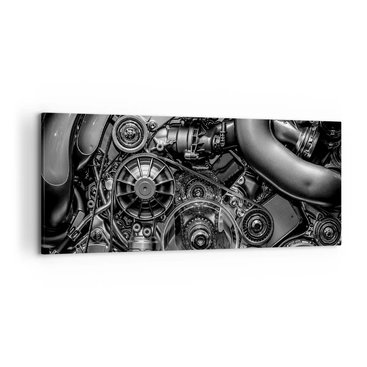 Bild auf Leinwand - Leinwandbild - Schwarz-Weiß-Nahaufnahme der mechanischen Details eines Automotors. - 120x50cm - Die Poesie der Mechanik - Moderne Wanddekoration für Wohnzimmer und Schlafzimmer ARTTOR