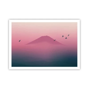 Poster - Eine minimalistische Landschaft mit einem Berg und Vögeln bei Sonnenaufgang - 100x70cm - Wanderer über den Wolken - Moderne Wanddekoration für Wohnzimmer und Schlafzimmer ARTTOR
