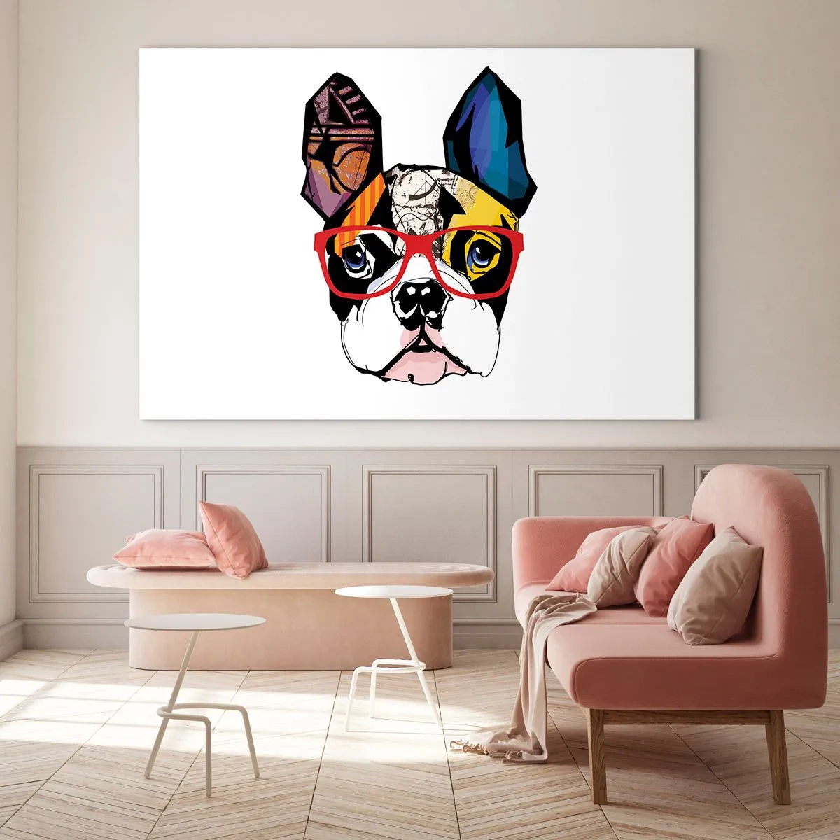 Glasbild - Bild auf glas - Bulldogge trägt bunte Brille auf weißem Hintergrund - 70x50cm - Intellektuelle - Moderne Wanddekoration für Wohnzimmer und Schlafzimmer ARTTOR
