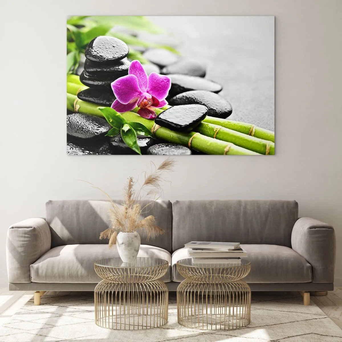 Glasbild - Bild auf glas - Orchidee, schwarze Steine und Bambus in einem ruhigen Arrangement - 70x50cm - In ruhiger Balance - Moderne Wanddekoration für Wohnzimmer und Schlafzimmer ARTTOR