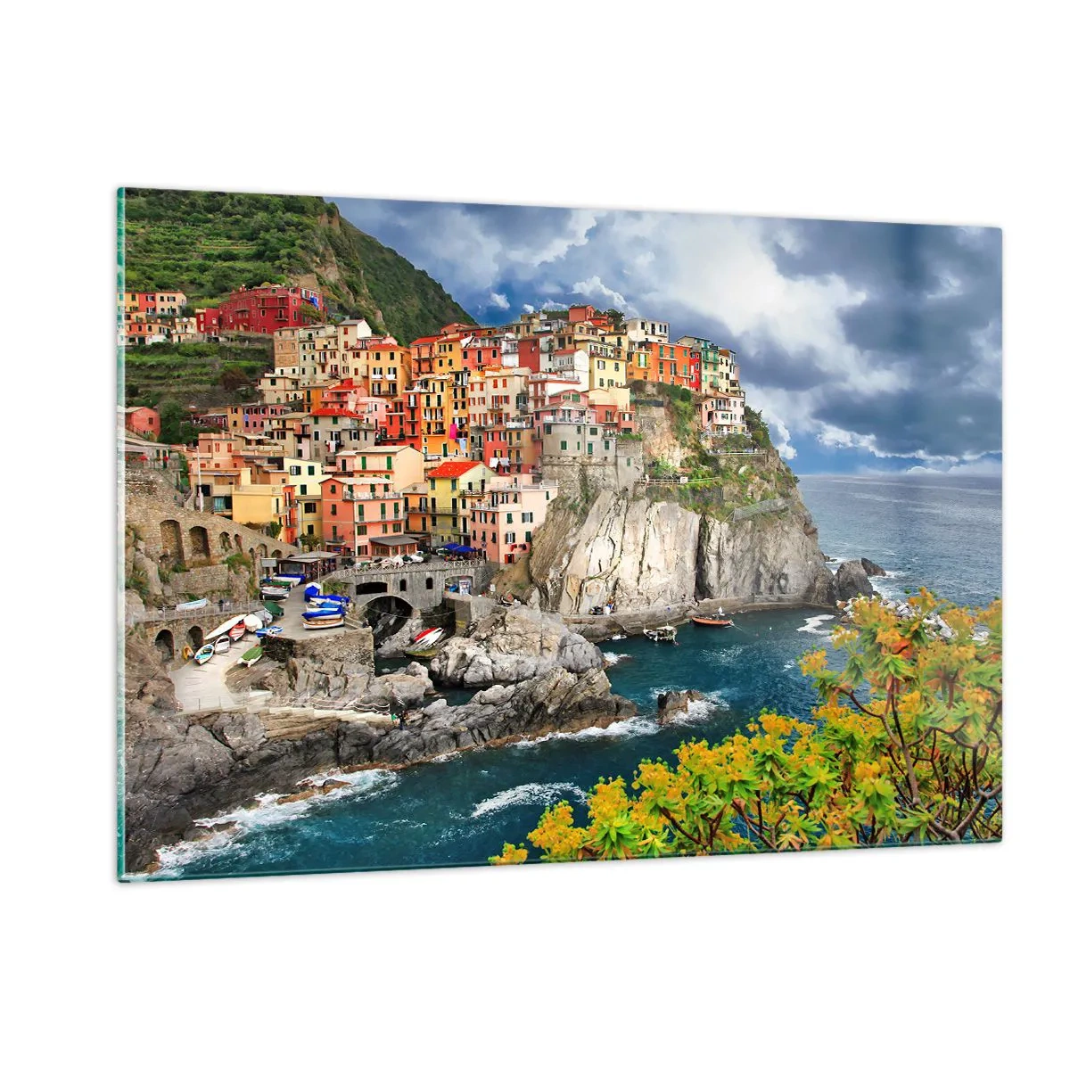 Glasbild - Bild auf glas - Eine farbenfrohe Stadt auf einer Klippe am Meer - 120x80cm - Eine Gruppe umarmt die Felsen - Moderne Wanddekoration für Wohnzimmer und Schlafzimmer ARTTOR