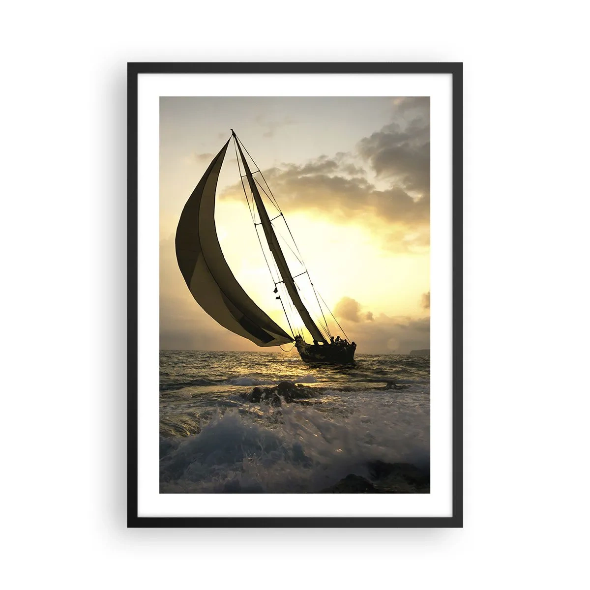 Poster in einem schwarzem Rahmen - Ein Segelboot auf stürmischer See im Schein der untergehenden Sonne - 50x70cm - Mit dem Wind und gegen den Wind - Moderne Wanddekoration für Wohnzimmer und Schlafzimmer ARTTOR