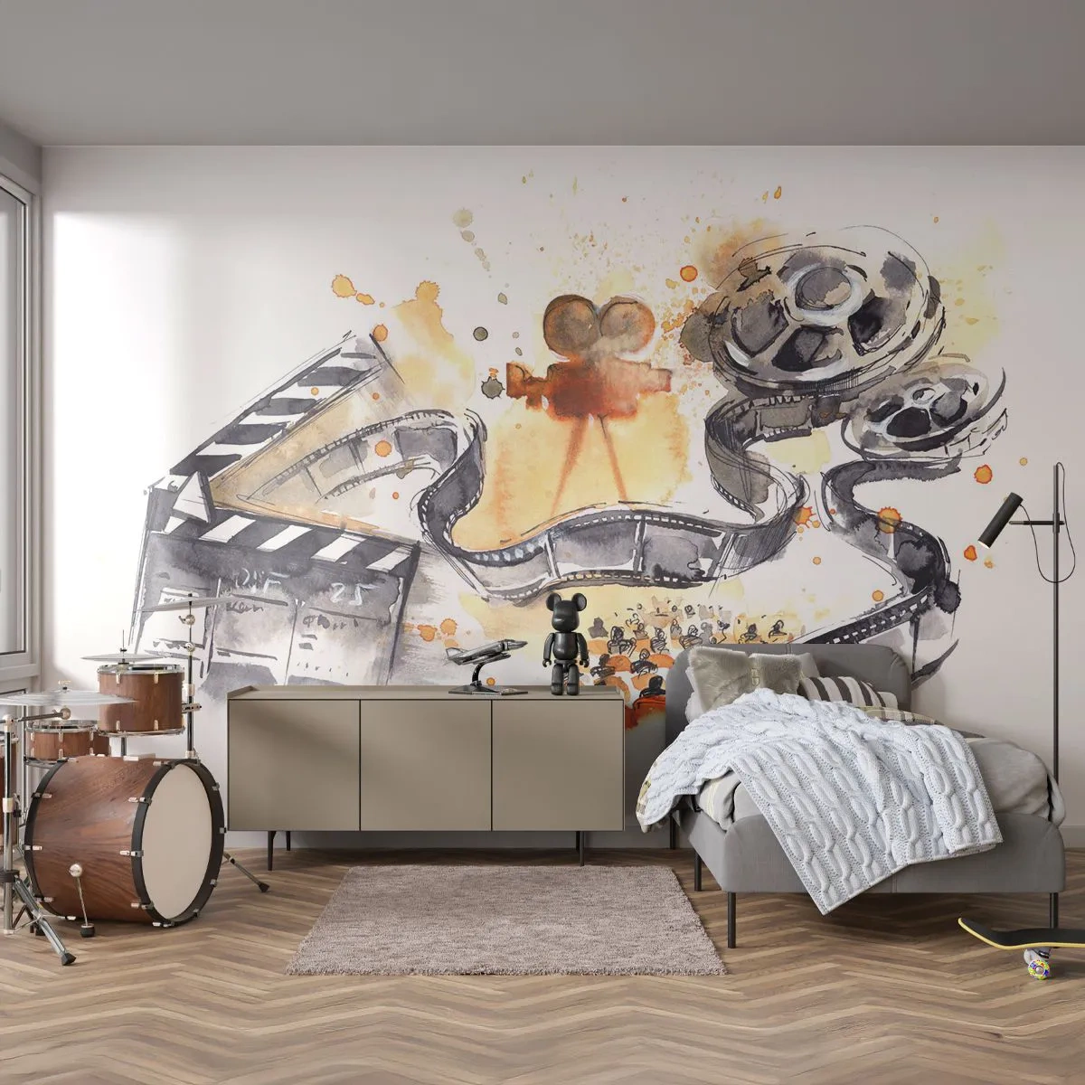 Fototapete Premium Canvas - Die Symbolik des Kinos mit einem Filmstreifen in einem künstlerischen Aquarell - 100x70cm - Im Land der Träume - Moderne Wanddekoration für Wohnzimmer und Schlafzimmer ARTTOR