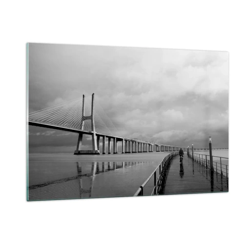 Glasbild - Bild auf glas - Eine Brücke in einer monochromen Landschaft mit einem Radfahrer - 120x80cm - Jedem das Verdiente - Moderne Wanddekoration für Wohnzimmer und Schlafzimmer ARTTOR