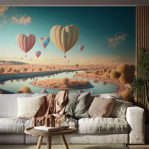 Fototapete Premium Sand - Dank Liebe steigt man auf - Luftballons, Pastell, Süßigkeiten - 250x175 cm