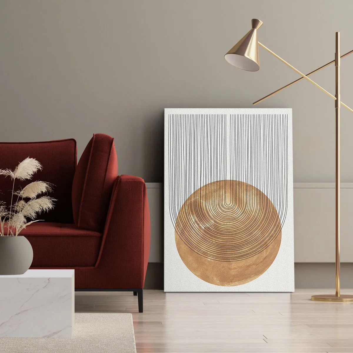 Bild auf Leinwand - Leinwandbild - Geometrische Komposition mit Kreisen und Linien in warmen Farben. - 80x120cm - SonnenKomposition - Moderne Wanddekoration für Wohnzimmer und Schlafzimmer ARTTOR