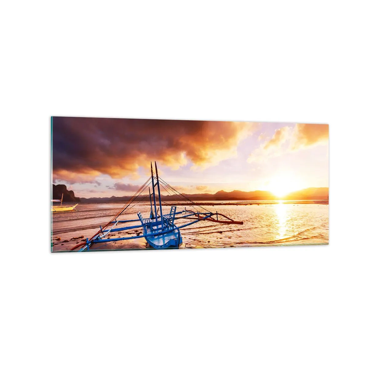 Glasbild - Bild auf glas - Blaues Boot am Strand bei Sonnenuntergang - 120x50cm - Nach einem Tag sich im Sand ausstrecken - Moderne Wanddekoration für Wohnzimmer und Schlafzimmer ARTTOR