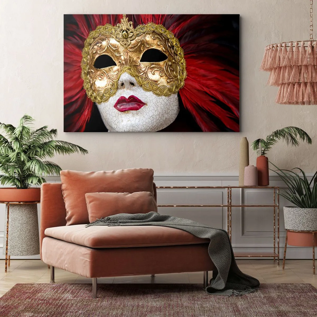Bild auf Leinwand - Leinwandbild - Goldene venezianische Maske mit roten Federn - 70x50cm - Das Versprechen eines Karnevalsabenteuers - Moderne Wanddekoration für Wohnzimmer und Schlafzimmer ARTTOR