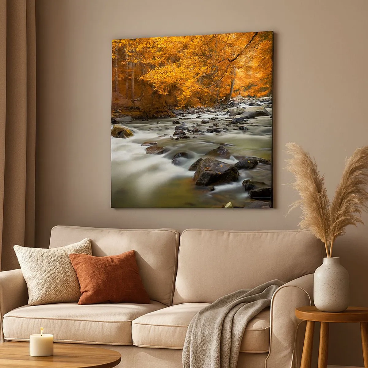 Bild auf Leinwand - Leinwandbild - Ein Bach in einem goldenen Wald - 30x30 cm